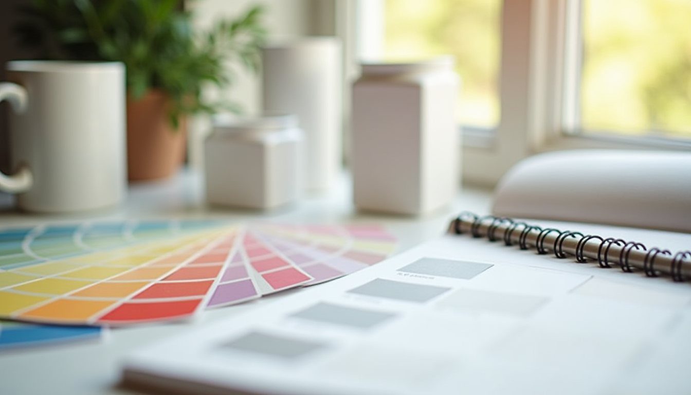 A product development desk with colour swatches and blank sample cartons