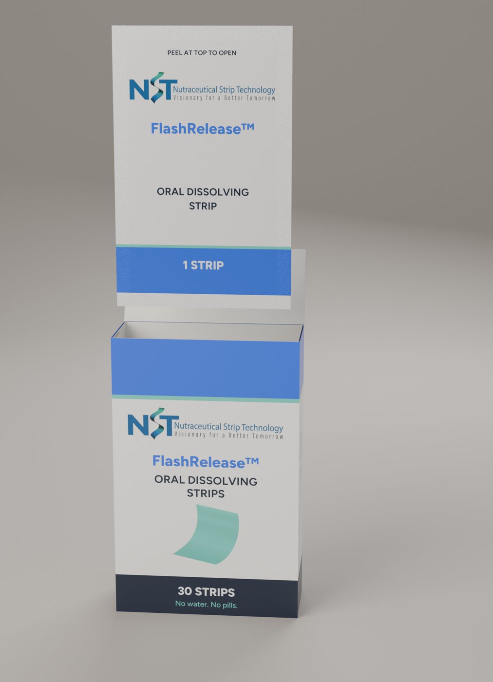 A single-strip foil pouch rising out of a 30-strip carton