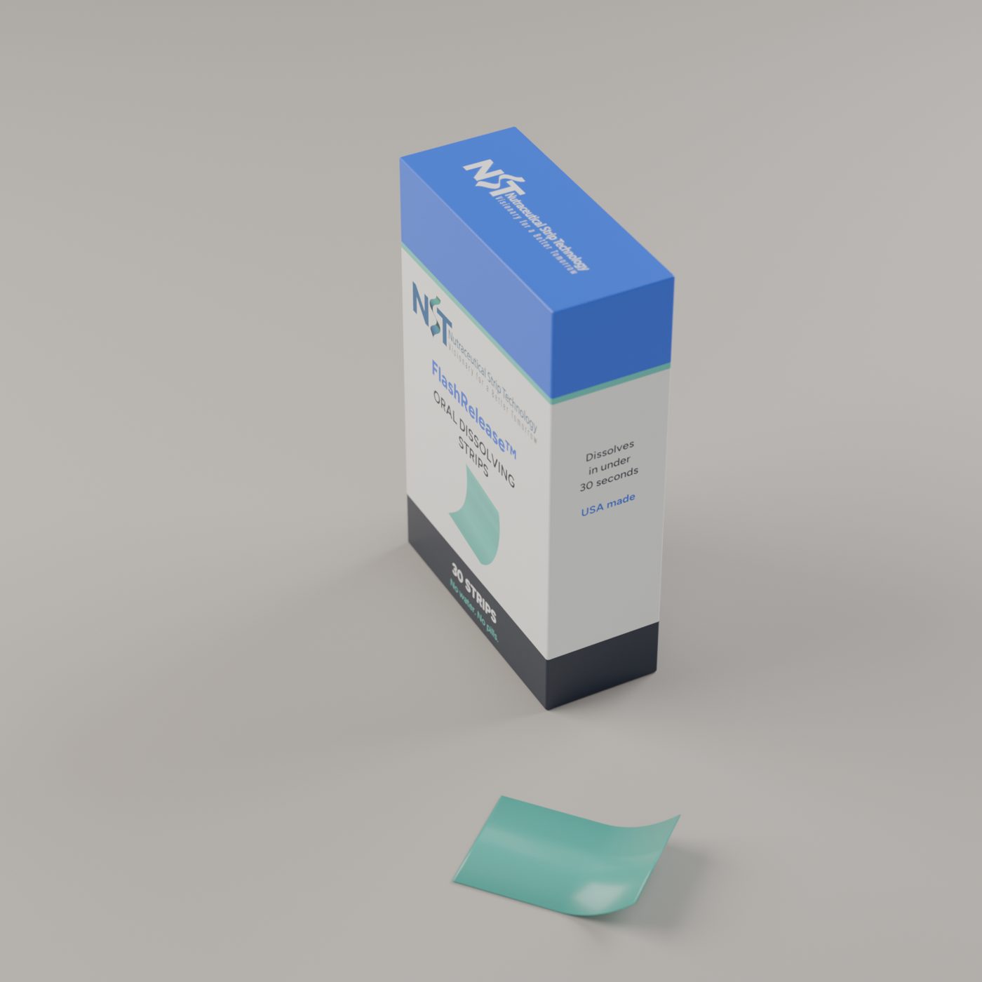 An NST FlashRelease carton of 30 oral dissolving strips